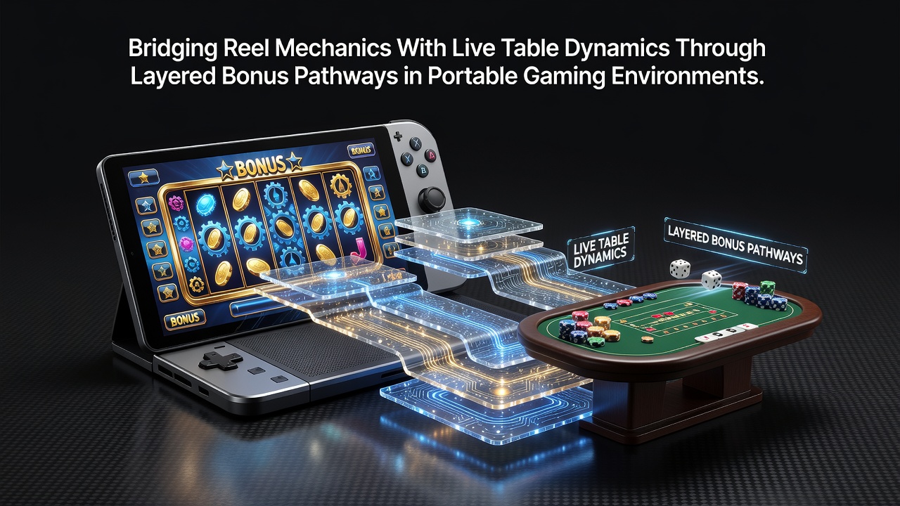 Mobile device displaying integrated slot reels transitioning into live dealer table with bonus overlay elements