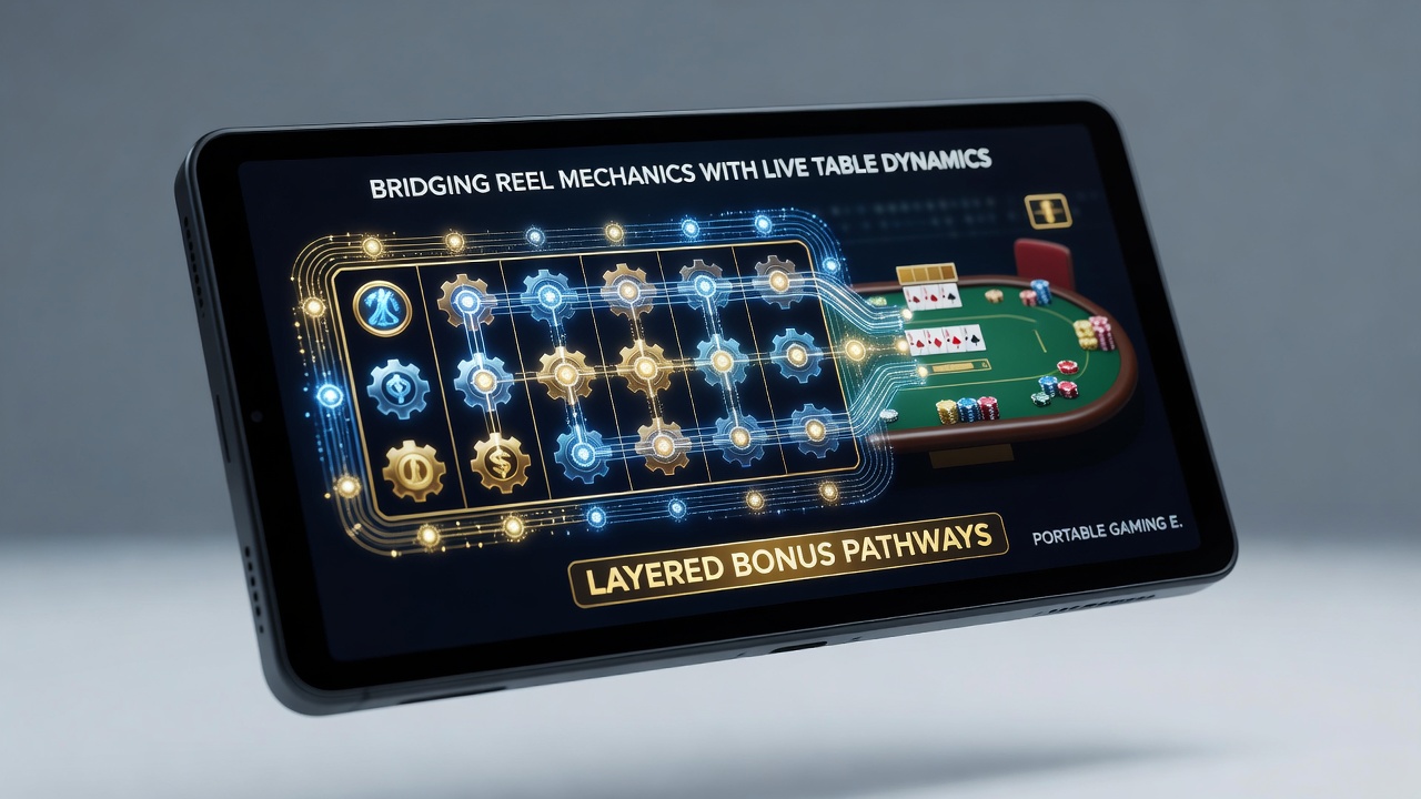 Close-up of smartphone screen showing bonus pathway progression bar connecting slot symbols to live roulette table