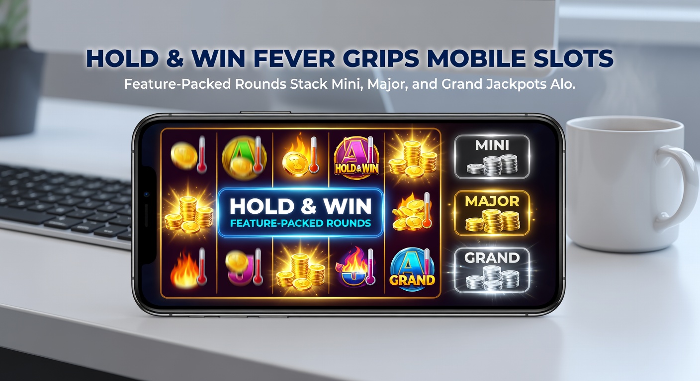Dynamic close-up of a Hold & Win bonus round on a smartphone, showing locked jackpot coins, respin wheel, and free spins meter overflowing with neon effects