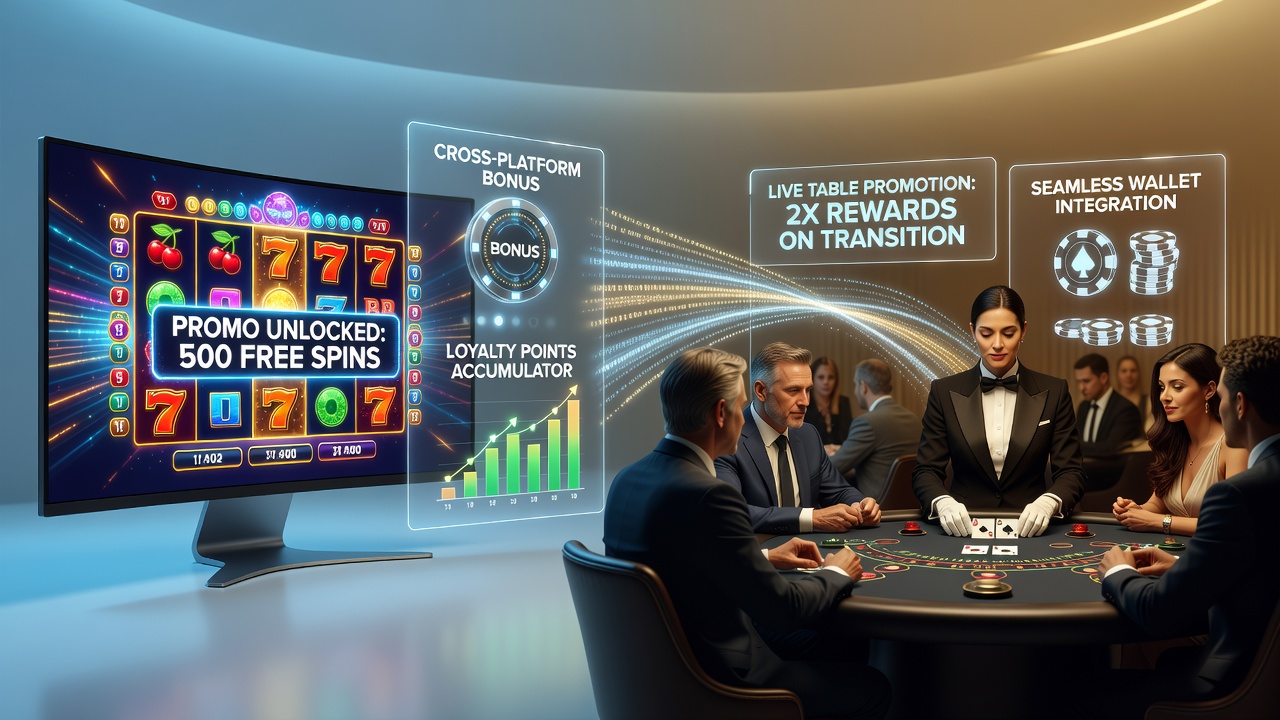 Illustration showing seamless transitions between slot game interfaces and live casino tables on multiple devices