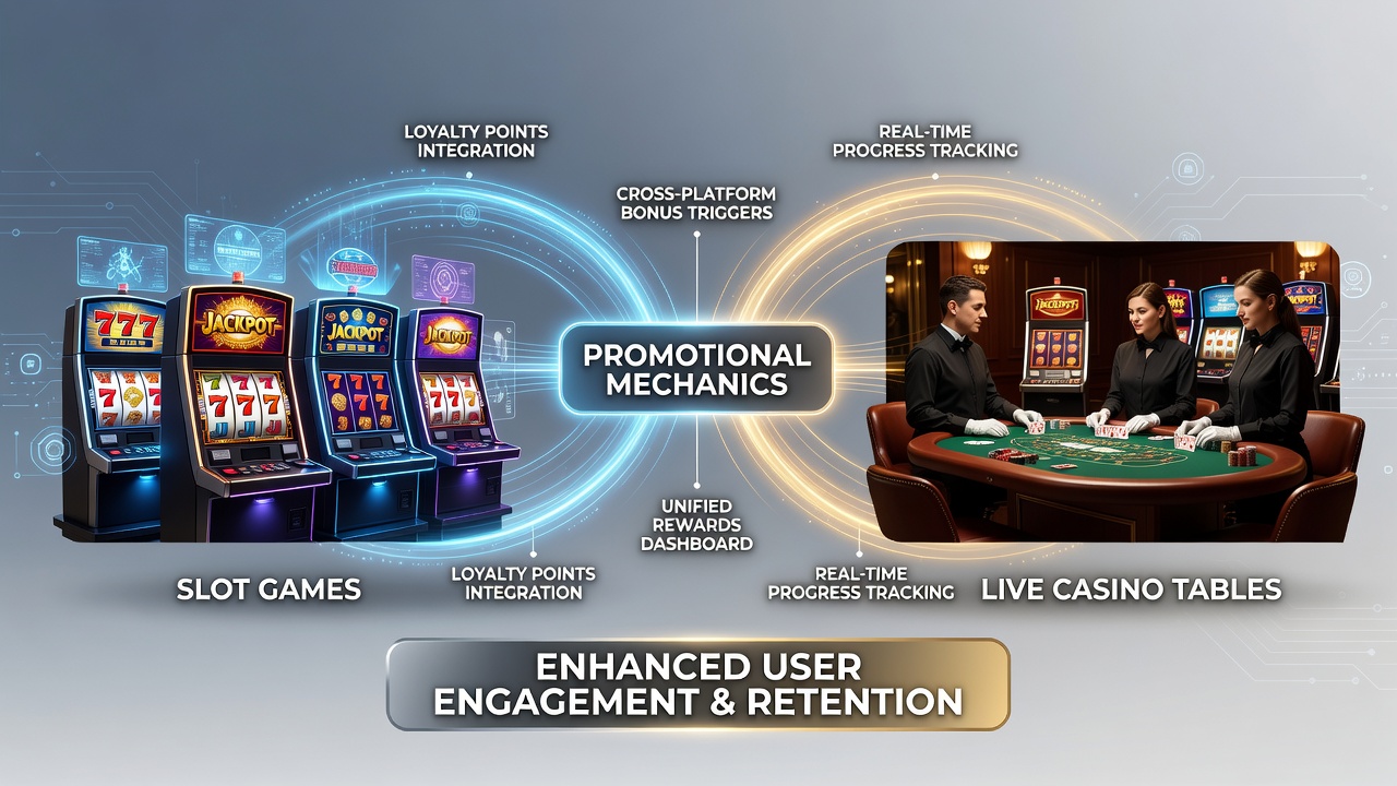 Visual of promotional bonus conversion flow linking slot spins to live dealer table sessions
