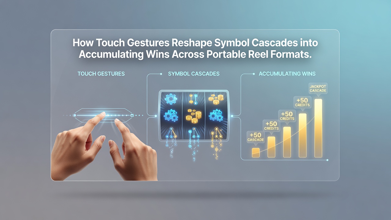 Tablet and smartphone side-by-side showing synchronized cascading reel gameplay with active touch indicators