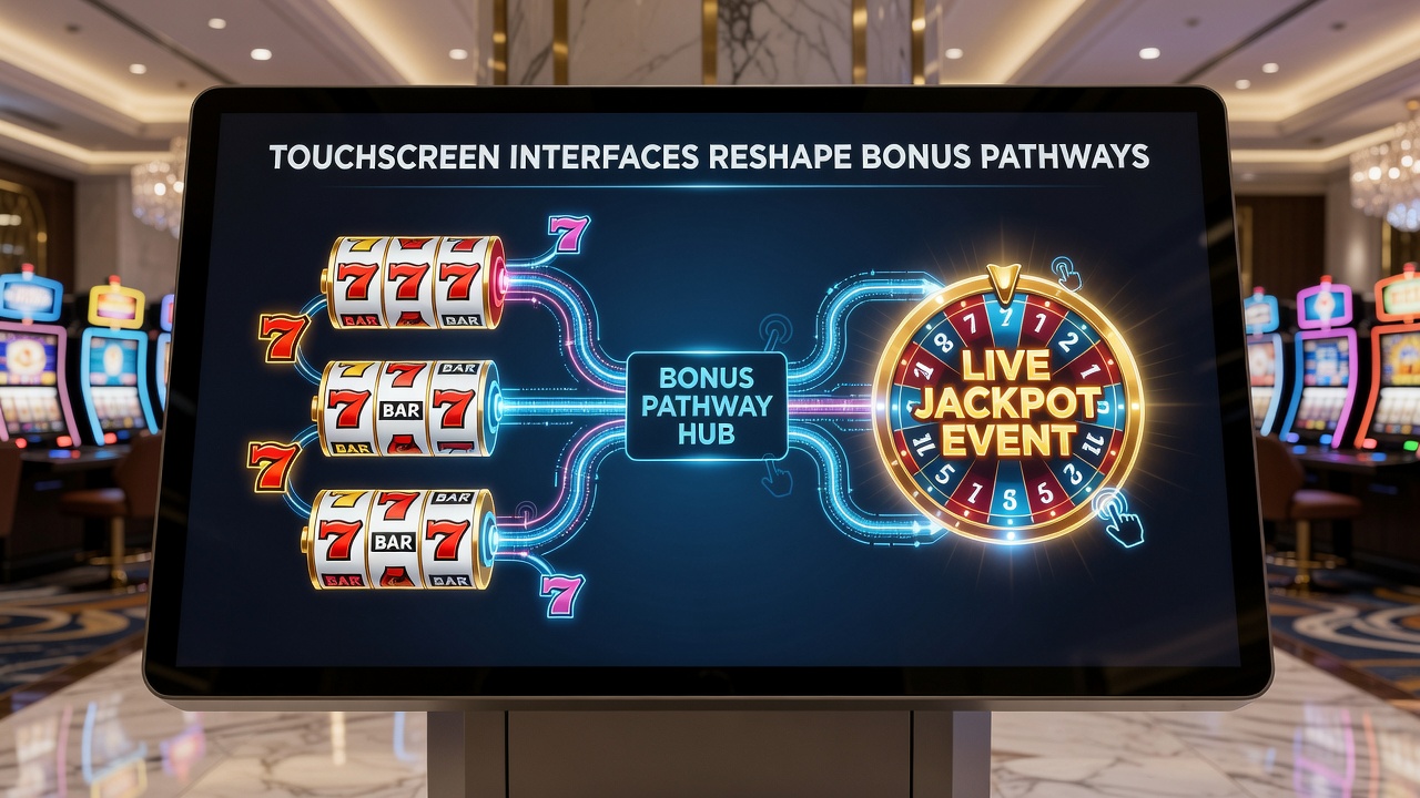 Touchscreen casino interface showing video reels connected to live jackpot triggers