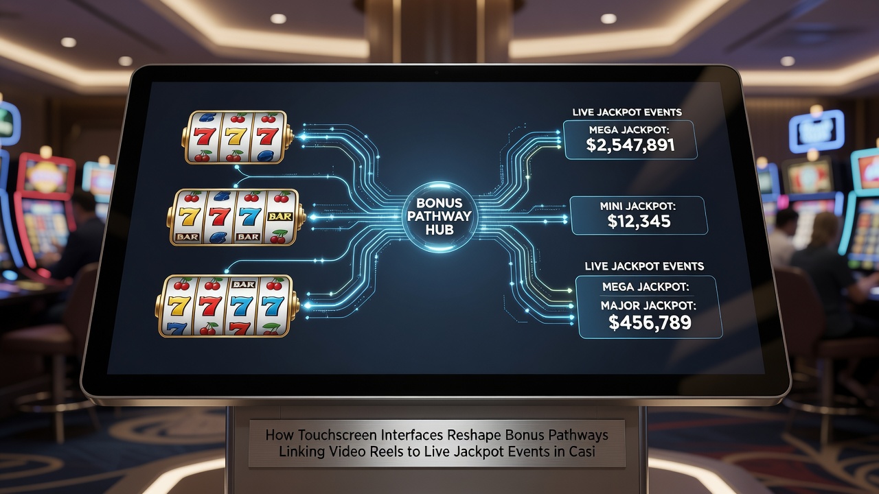 Close-up of live jackpot event display linked via touchscreen controls to video slot bonuses