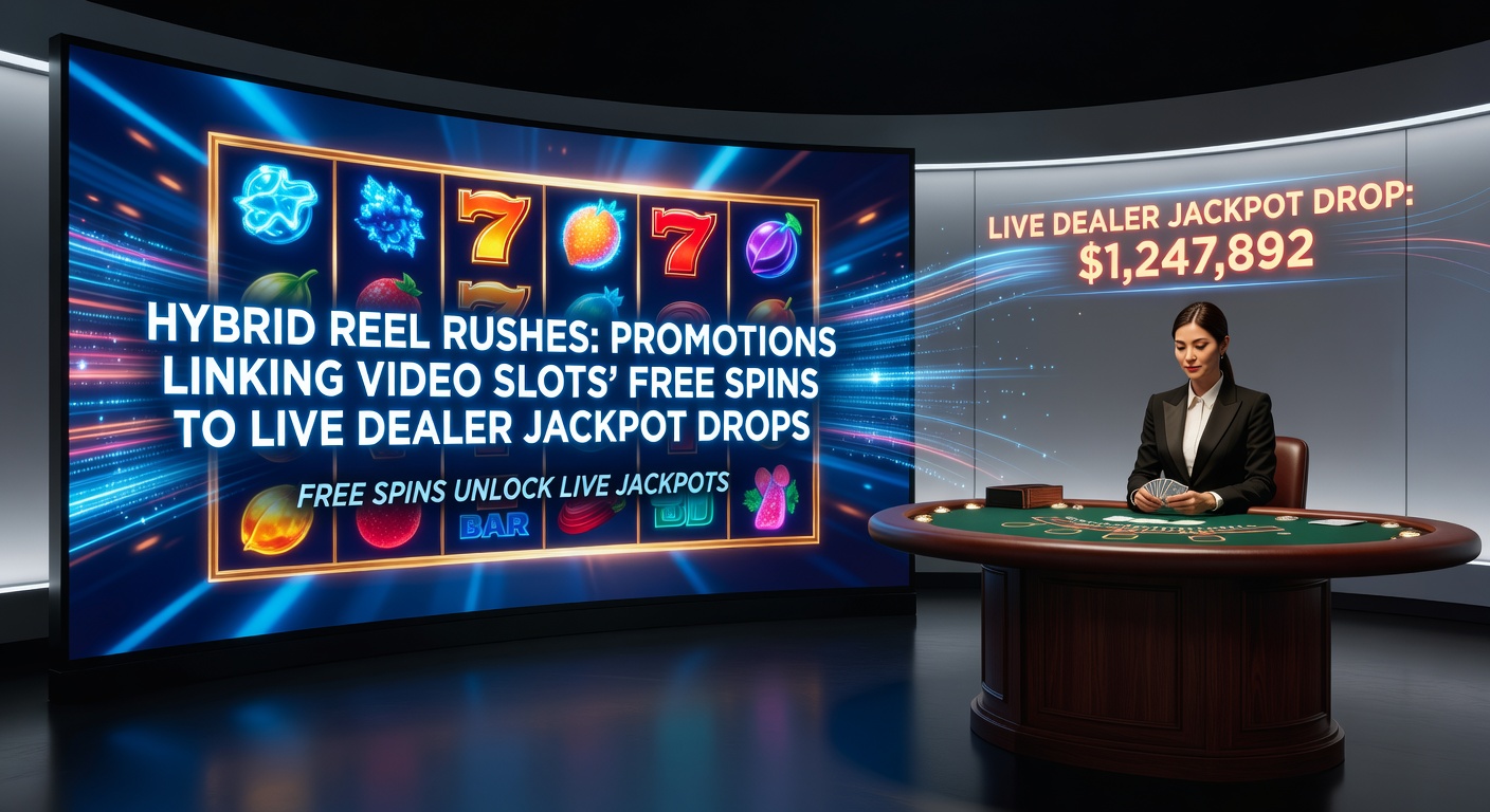 Dynamic screenshot of a video slot free spins feature transitioning into a live dealer jackpot drop animation, highlighting the hybrid promotion mechanics