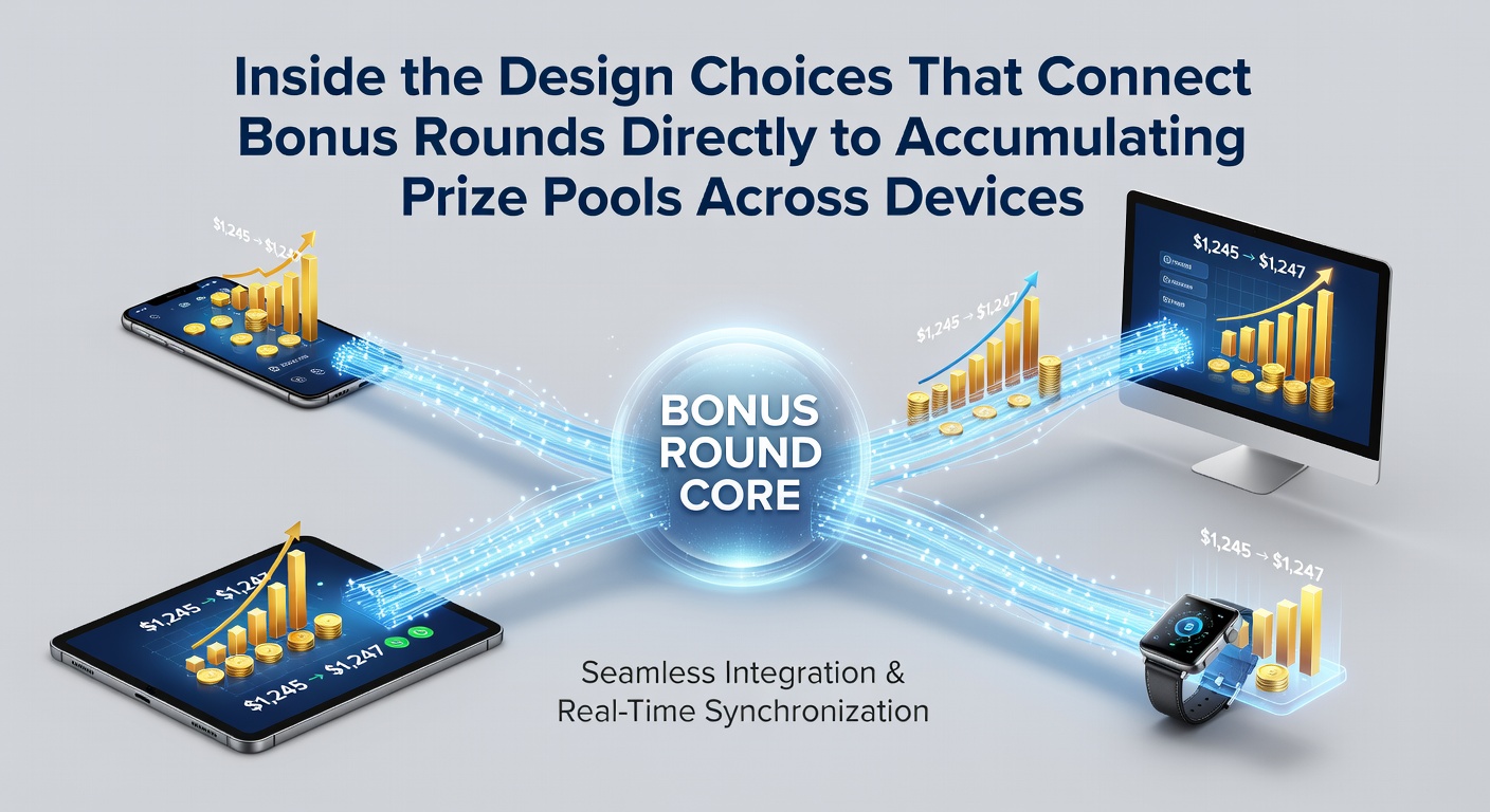 Slot game interface showing bonus round connected to progressive prize pool meter on multiple devices