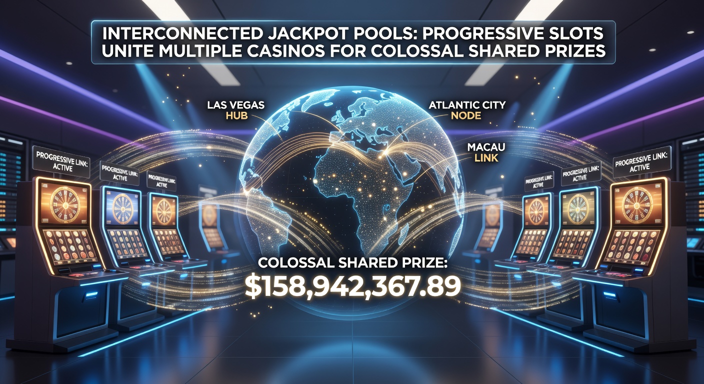 Digital dashboard showing synchronized jackpot meters across a network of international casinos, with rising prize totals and player contributions visualized in real time