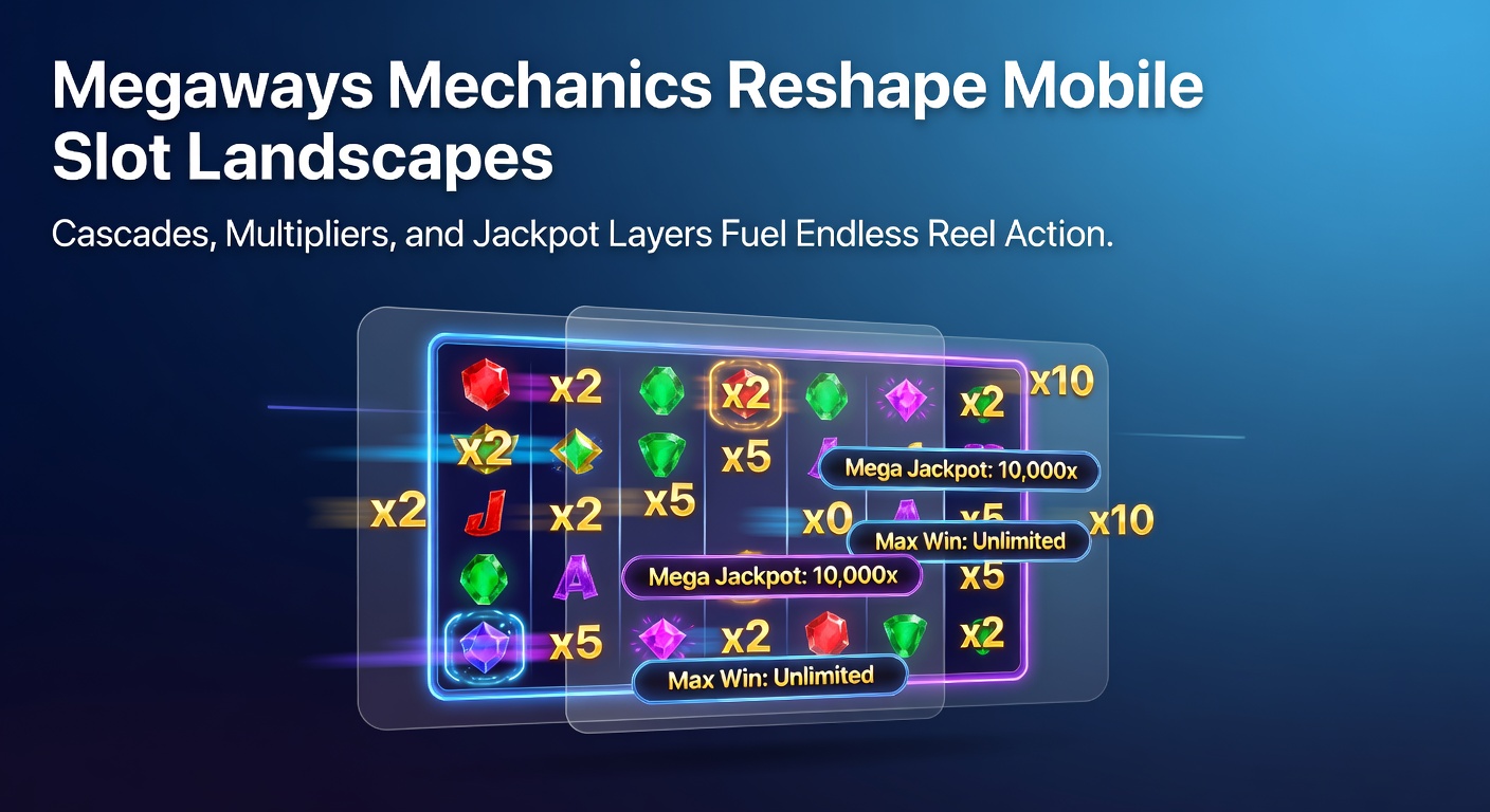 Dynamic Megaways slot reels cascading on a mobile screen, showcasing variable paylines and multiplier explosions
