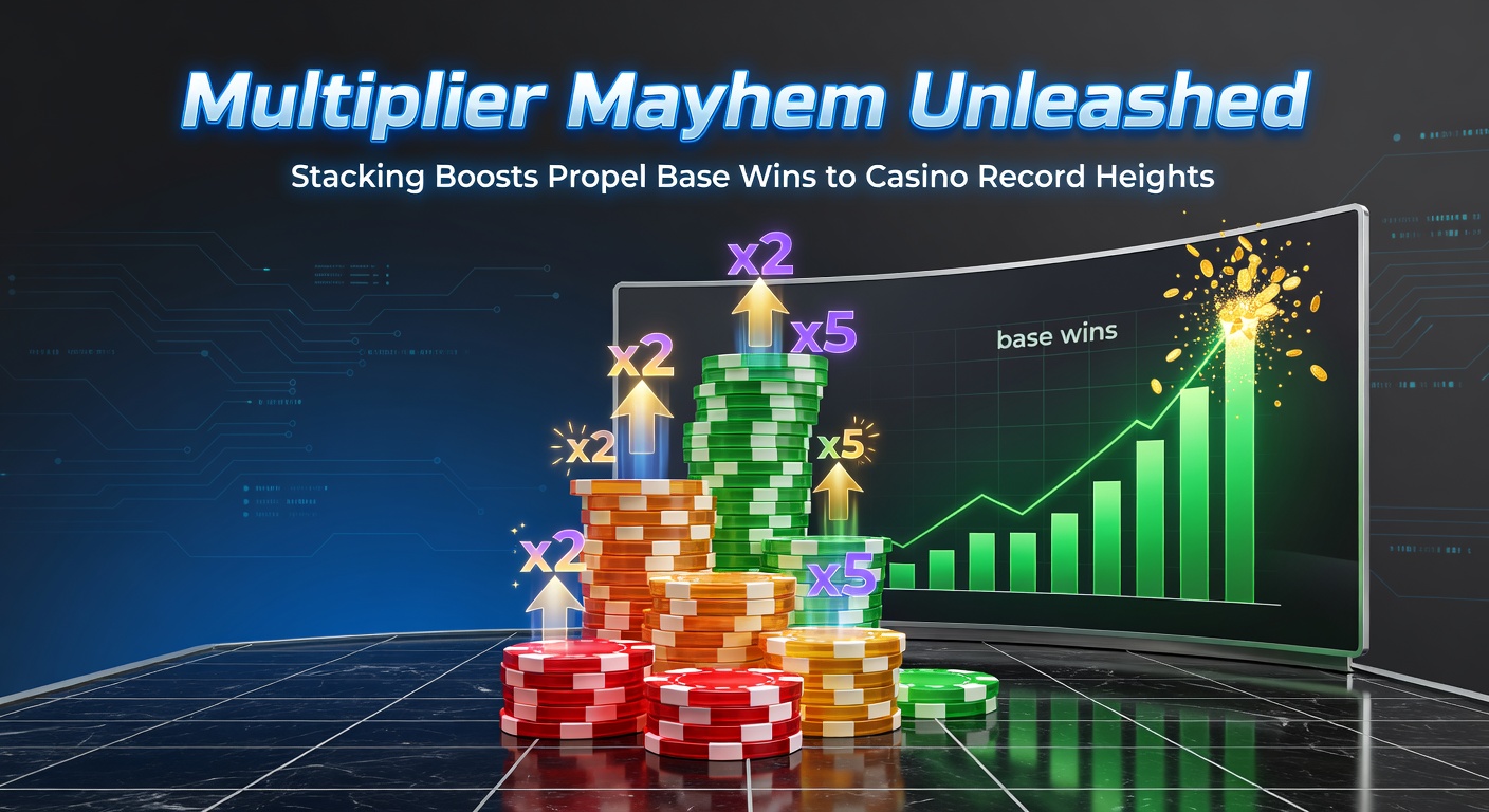 Vibrant slot machine screen displaying stacked multipliers exploding into a massive base game payout, with coins cascading across neon reels under casino lights
