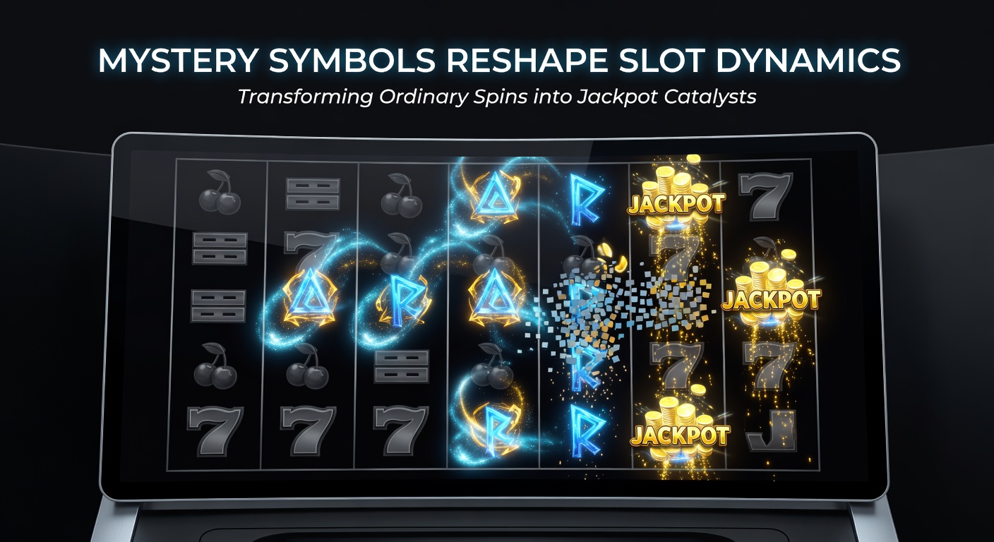 Close-up of a slot screen with expanding mystery symbols filling reels and triggering a progressive jackpot climb, symbols glowing as they reveal matching wilds