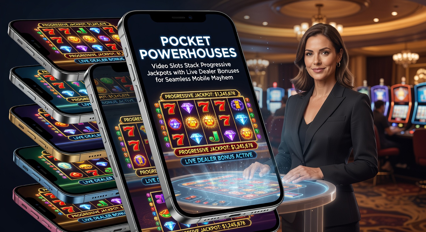 Vibrant mobile screen displaying a video slot with stacking progressive jackpots and live dealer bonus overlays, capturing the high-energy fusion of digital reels and real-time action