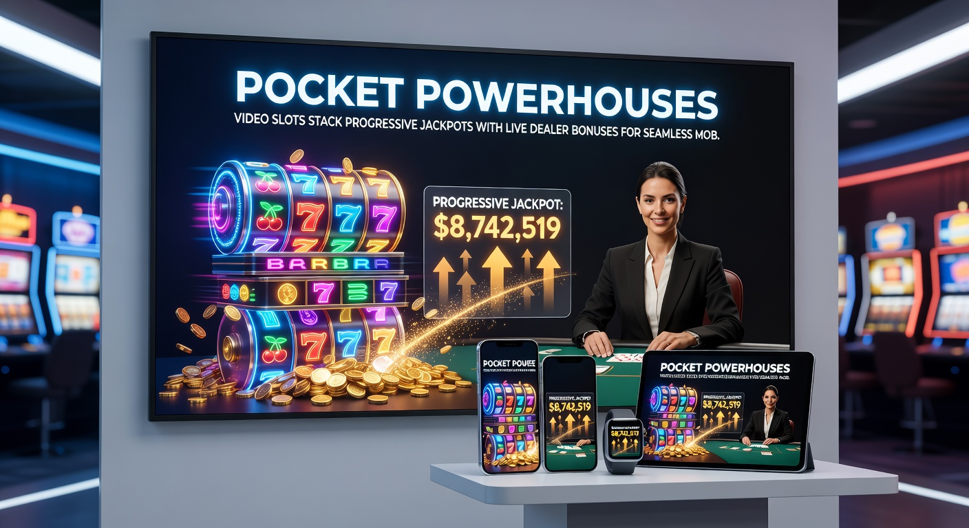 Dynamic split-screen view of a mobile device running a progressive video slot alongside a live dealer bonus round, highlighting stacked jackpots and real-time mobile integration