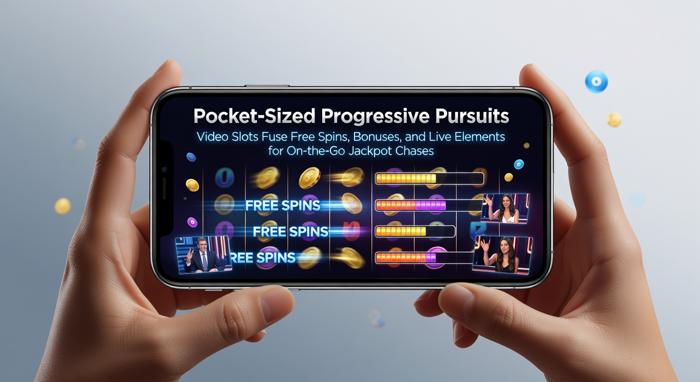 Smartphone screen displaying a vibrant video slot game with spinning reels, glowing progressive jackpot meter, and free spin icons activating mid-play