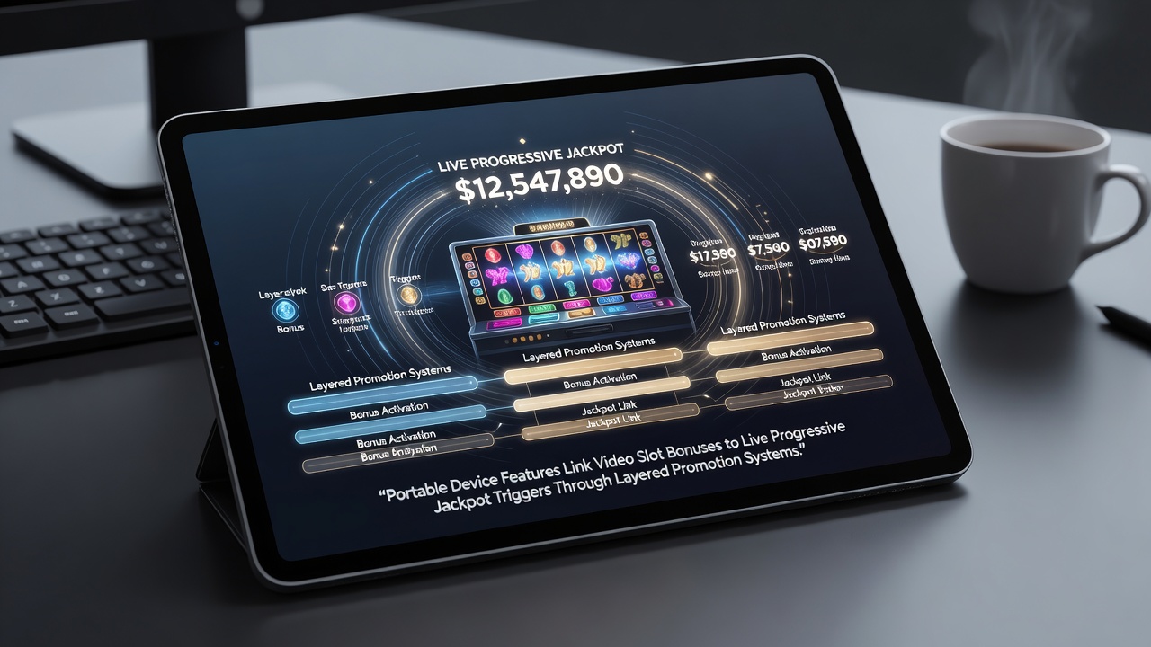 Mobile device displaying interconnected slot bonus and progressive jackpot interface