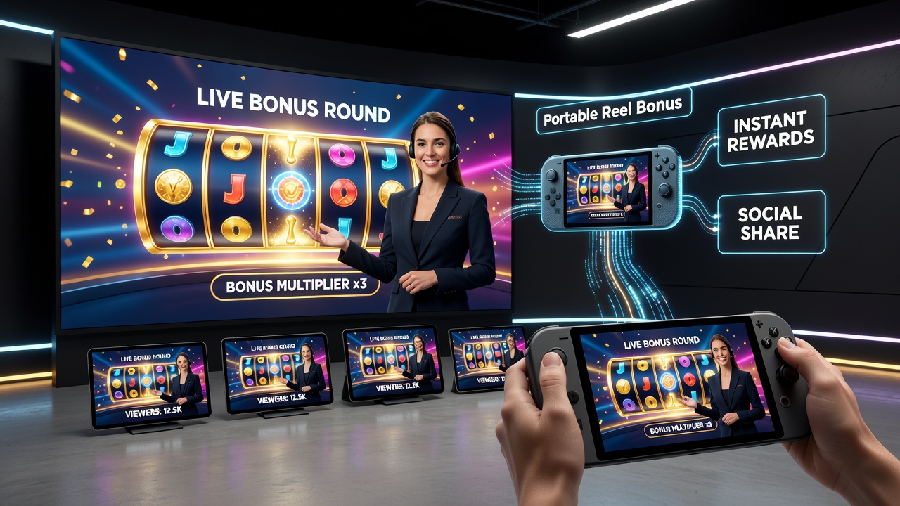 Split-screen view of a smartphone showing cascading reels on one side and a live host revealing bonus multipliers on the other