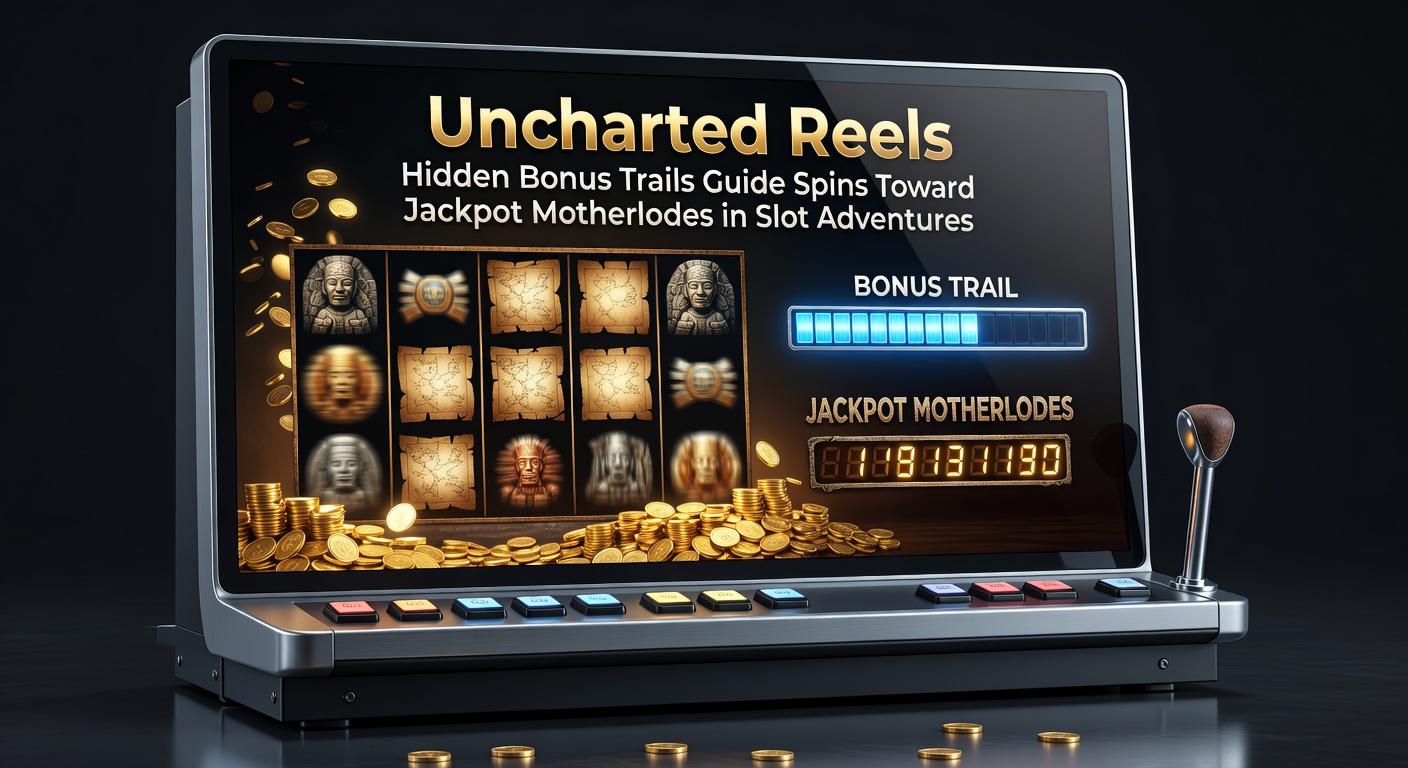 Animated slot reels depicting uncharted adventure landscapes with glowing bonus trail markers leading toward a massive jackpot treasure chest