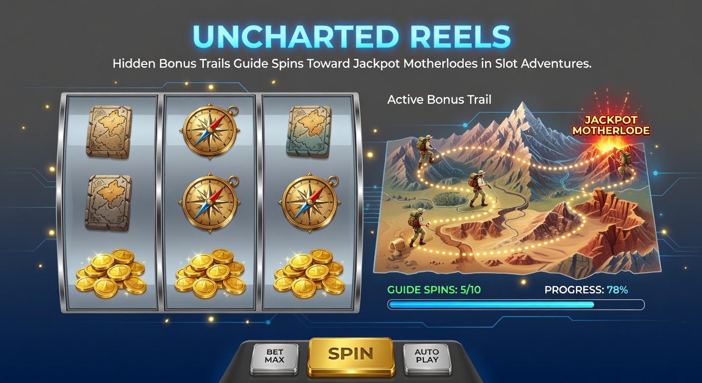 Close-up of a slot screen showing a glowing hidden bonus trail snaking through uncharted reels, with jackpot symbols bursting at the trail's end amid cascading wins